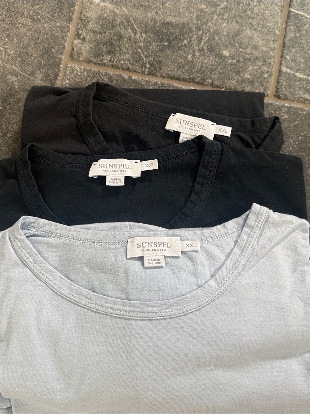 Sunspel Short Sleeve Crew Neck Tees in Black and Light Blue (2-Pack)